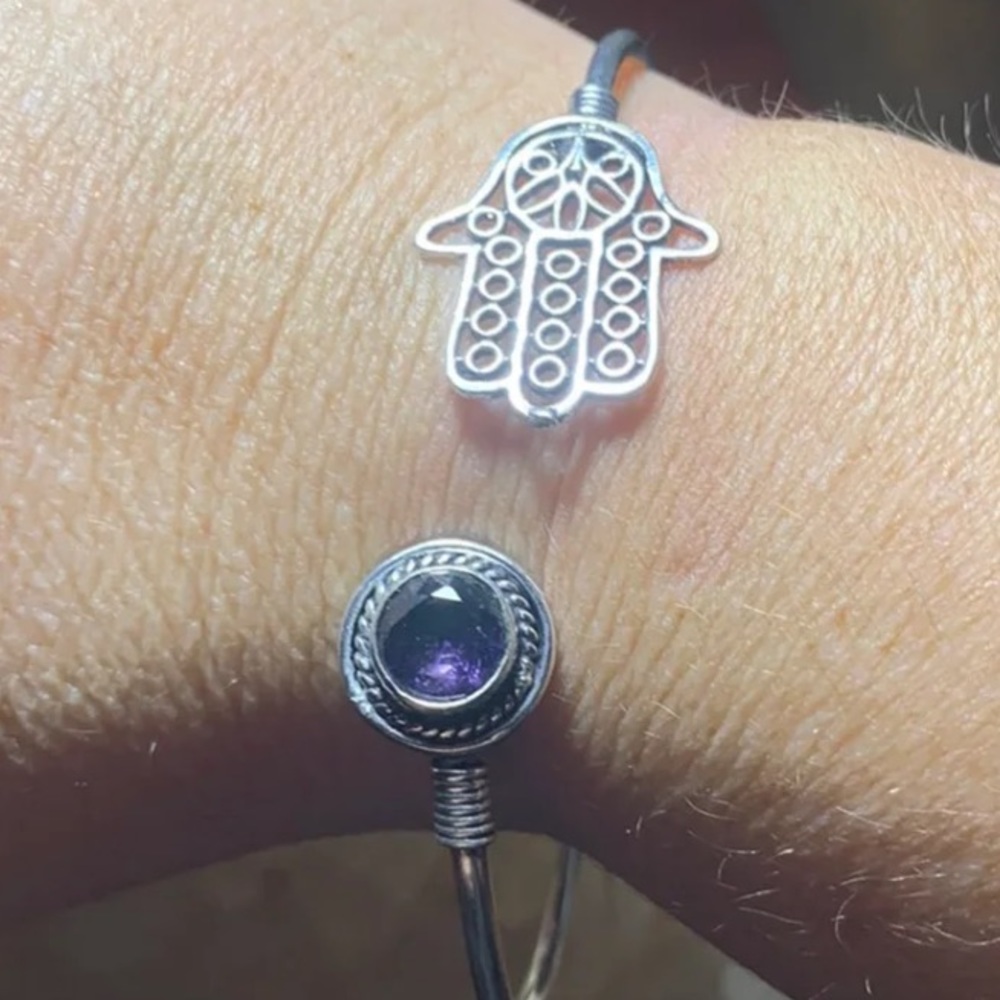 Hamsa Amethyst Adjustable Bangle Cuff Bracelet - image 3